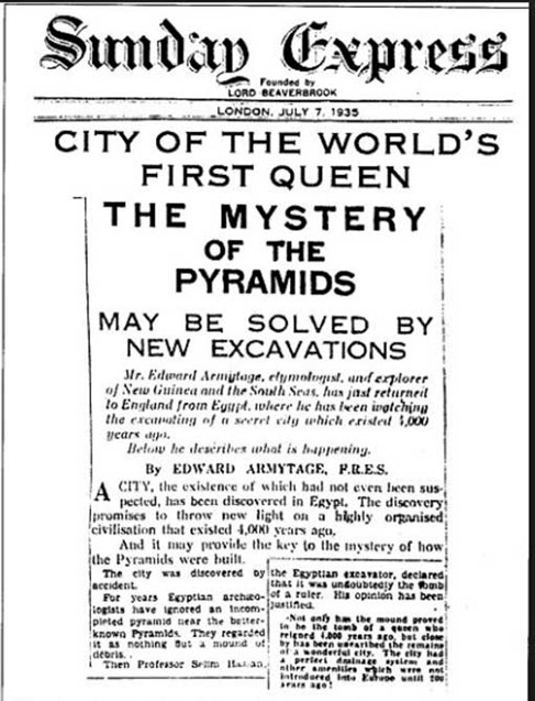 Descoperirea unui oras pierdut din Egipt a fost raportata in numeroase ziare in 1935