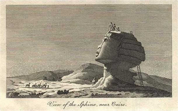 Schita sfinxului, din 1798, realizata de catre Vivant Denon ilustreaza un barbat scos dintr-o gaura din capul sfinxului 