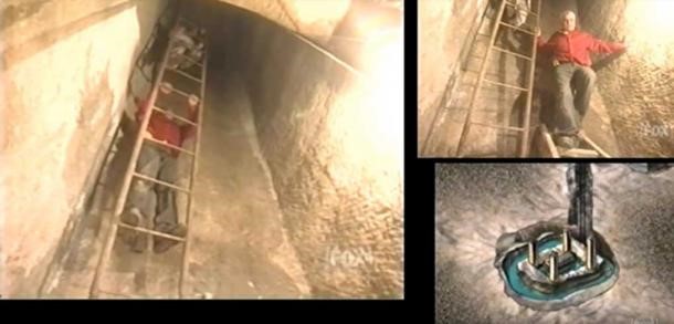 Zahi Hawass coborand pe un put minier catre o camera umpluta cu apa, in care se afla un sarcofag mare